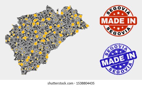 Mosaic industrial Segovia Province map and blue Made In grunge seal. Vector geographic abstraction model for workshop, or political illustrations.