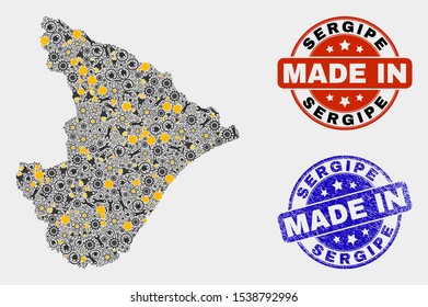 Mosaic industrial Sergipe State map and blue Made In grunge stamp. Vector geographic abstraction model for service, or political illustrations. Mosaic of Sergipe State map combined of random cogs,