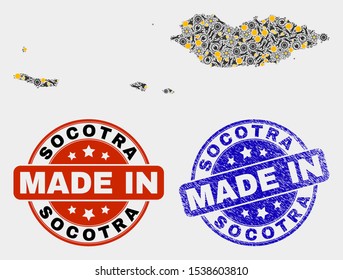 Mosaic industrial Socotra Archipelago map and blue Made In scratched seal. Vector geographic abstraction model for industrial, or patriotic posters.