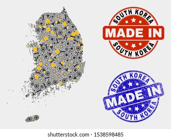 Mosaic industrial South Korea map and blue Made In grunge stamp. Vector geographic abstraction model for industrial, or political posters. Mosaic of South Korea map combined of random cogwheel,