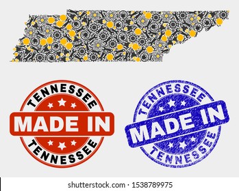 Mosaic industrial Tennessee State map and blue Made In textured stamp. Vector geographic abstraction model for industrial, or patriotic templates.