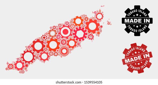 Mosaic industrial Tobago Island map and textured seal. Vector geographic abstraction in red colors. Mosaic of Tobago Island map designed from random gearwheel elements.