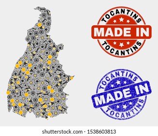 Mosaic industrial Tocantins State map and blue Made In textured seal. Vector geographic abstraction model for workshop, or political templates. Mosaic of Tocantins State map combined of random gears,