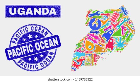 Mosaic industrial Uganda map and Pacific Ocean watermark. Uganda map collage composed with random bright tools, palms, service symbols. Blue rounded Pacific Ocean watermark with grunge texture.