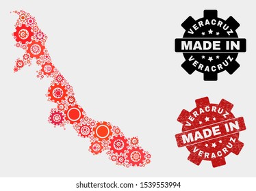 Mosaic industrial Veracruz State map and textured seal. Vector geographic abstraction in red colors. Mosaic of Veracruz State map combined of random gear items. Red colored model for technical,