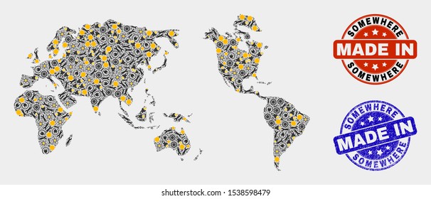 Mosaic industrial Worldwide map and blue Made In textured seal. Vector geographic abstraction model for industrial, or patriotic illustrations. Mosaic of Worldwide map combined of scattered cogwheel,