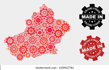 Mosaic industrial Xinjiang Uyghur Region map and scratched seal. Vector geographic abstraction in red colors. Mosaic of Xinjiang Uyghur Region map combined of random gearwheel elements.