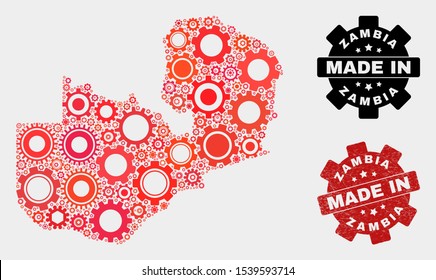 Mosaic industrial Zambia map and scratched stamp. Vector geographic abstraction in red colors. Mosaic of Zambia map composed from scattered gearwheel elements. Red colored model for industrial,