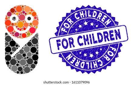 Mosaic infant icon and corroded stamp seal with For Children caption. Mosaic vector is formed with infant icon and with random spheric items. For Children stamp seal uses blue color,