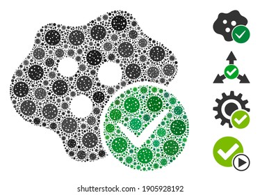 Mosaic infected composed of SARS virus items in variable sizes and color hues. Vector infection items are composed into abstract collage infected icon. Some bonus icons are added.
