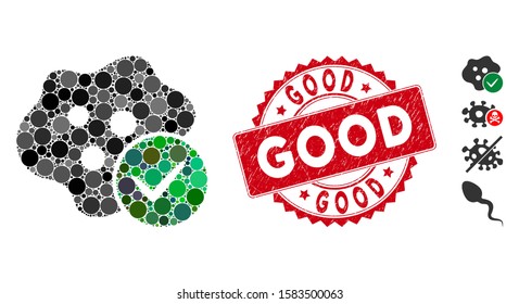 Mosaic infected icon and corroded stamp seal with Good caption. Mosaic vector is composed with infected icon and with randomized spheric elements. Good seal uses red color, and scratched surface.