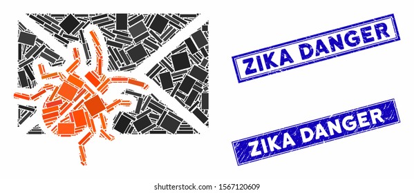 Mosaic infected mail pictogram and rectangular rubber prints. Flat vector infected mail mosaic pictogram of randomized rotated rectangular items. Blue caption rubber seals with grunge texture.