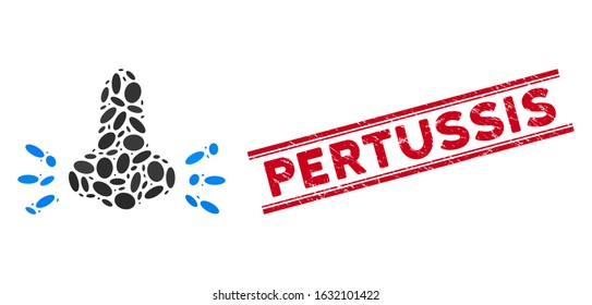 Mosaic infected nose icon and corroded stamp seal with red Pertussis caption between double parallel lines. Mosaic vector is created with infected nose icon and with scattered oval spots.