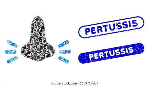 Mosaic infected nose icon and red round rubber stamp seal with Pertussis caption and coronavirus symbol. Mosaic vector is created from infected nose icon and with random spheric elements.