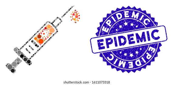 Mosaic infection injection icon and distressed stamp seal with Epidemic phrase. Mosaic vector is composed with infection injection icon and with random spheric spots. Epidemic stamp uses blue color,