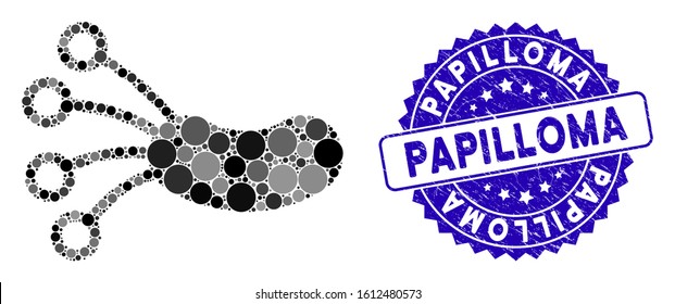 Mosaic infection microbe icon and rubber stamp seal with Papilloma text. Mosaic vector is formed with infection microbe icon and with scattered round items. Papilloma stamp seal uses blue color,