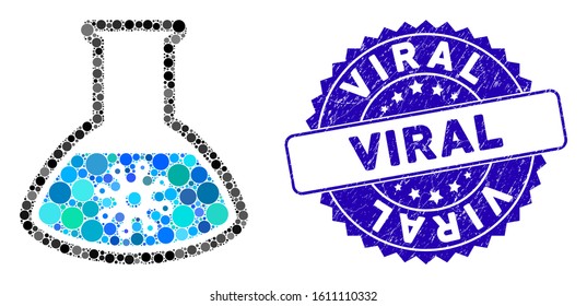 Mosaic infection retort icon and distressed stamp seal with Viral caption. Mosaic vector is created with infection retort icon and with randomized round elements. Viral stamp uses blue color,