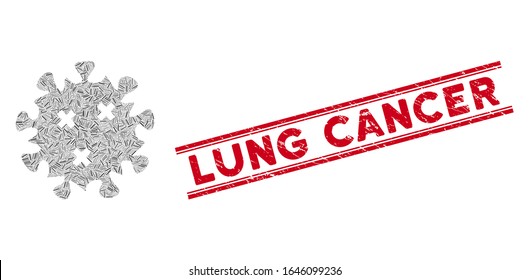 Mosaic infection virus icon and red Lung Cancer seal stamp between double parallel lines. Flat vector infection virus mosaic icon of randomized rotated linear items.