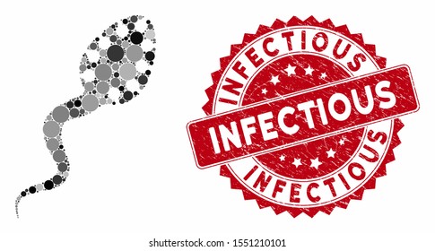 Mosaic infectious and distressed stamp seal with Infectious caption. Mosaic vector is created with infectious icon and with randomized spheric spots. Infectious stamp seal uses red color,