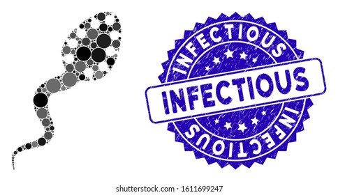 Mosaic infectious microbe icon and corroded stamp seal with Infectious phrase. Mosaic vector is composed with infectious microbe icon and with random circle items. Infectious seal uses blue color,