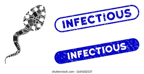Mosaic infectious microbe and rubber stamp watermarks with Infectious caption. Mosaic vector infectious microbe is designed with scattered rectangle items. Infectious stamp seals use blue color,