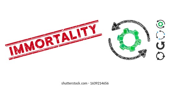 Mosaic infinite rotation icon and red Immortality stamp between double parallel lines. Flat vector infinite rotation mosaic icon of random rotated rectangular items.