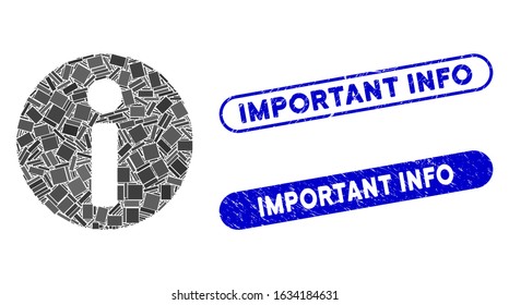 Mosaic info and corroded stamp seals with Important Info text. Mosaic vector info is created with randomized rectangle items. Important Info stamp seals use blue color, and have round rectangle shape.