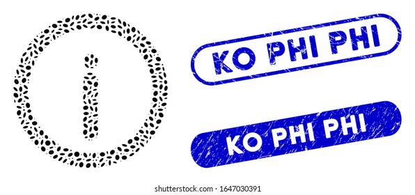 Mosaic info and corroded stamp seals with Ko Phi text. Mosaic vector info is composed with randomized oval elements. Ko Phi stamp seals use blue color, and have round rectangle shape.