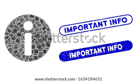 Mosaic info and corroded stamp seals with Important Info text. Mosaic vector info is created with randomized rectangle items. Important Info stamp seals use blue color, and have round rectangle shape.