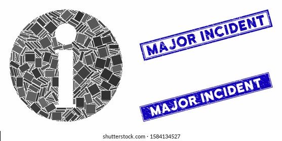 Mosaic info pictogram and rectangular Major Incident stamps. Flat vector info mosaic pictogram of random rotated rectangular items. Blue Major Incident seal stamps with rubber texture.