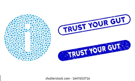 Mosaic info and rubber stamp seals with Trust Your Gut phrase. Mosaic vector info is created with randomized oval pieces. Trust Your Gut stamp seals use blue color, and have round rectangle shape.