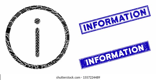 Mosaic information icon and rectangle seals. Flat vector information mosaic icon of random rotated rectangle items. Blue caption rubber seals with corroded textures.