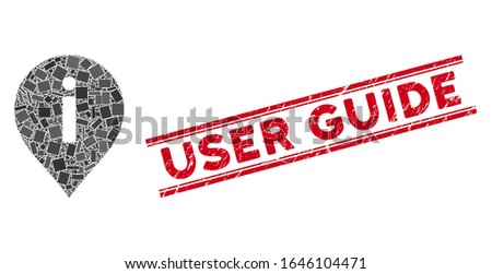 Mosaic information marker icon and red User Guide seal stamp between double parallel lines. Flat vector information marker mosaic icon of randomized rotated rectangle items.