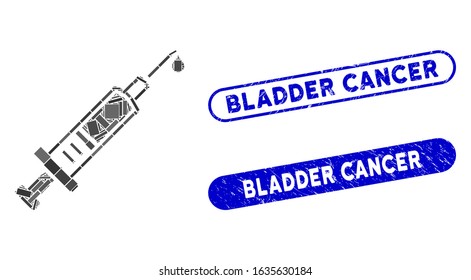 Mosaic injection and corroded stamp seals with Bladder Cancer text. Mosaic vector injection is created with randomized rectangle items. Bladder Cancer stamp seals use blue color,
