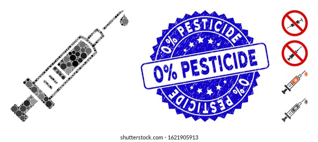 Mosaic injection icon and rubber stamp seal with 0% Pesticide text. Mosaic vector is formed with injection pictogram and with random spheric spots. 0% Pesticide stamp seal uses blue color,