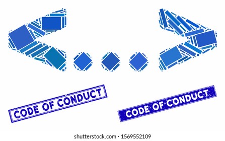 Mosaic inline code icon and rectangle seals. Flat vector inline code mosaic icon of scattered rotated rectangle items. Blue caption watermarks with scratched texture.