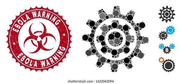 Mosaic inner gear icon and grunge stamp seal with Ebola Warning caption and biohazard symbol. Mosaic vector is created with inner gear icon and with randomized round items.