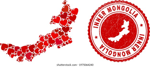 Mosaic Inner Mongolia map created with red love hearts, and grunge seal stamp. Vector lovely round red rubber seal stamp imprint with Inner Mongolia map inside.