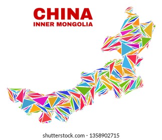 Mosaic Inner Mongolia map of triangles in bright colors isolated on a white background. Triangular collage in shape of Inner Mongolia map. Abstract design for patriotic purposes.