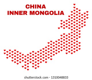 Mosaic Inner Mongolia map of valentine hearts in red color isolated on a white background. Regular red heart pattern in shape of Inner Mongolia map. Abstract design for Valentine decoration.