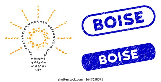 Mosaic innovation bulb and corroded stamp seals with Boise text. Mosaic vector innovation bulb is formed with randomized oval pieces. Boise stamp seals use blue color, and have round rectangle shape.