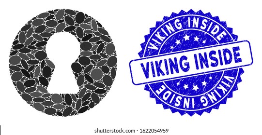 Mosaic inside icon and corroded stamp watermark with Viking Inside caption. Mosaic vector is designed with inside icon and with random elliptic elements. Viking Inside stamp seal uses blue color,