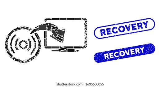 Mosaic install disc to PC and corroded stamp seals with Recovery caption. Mosaic vector install disc to PC is designed with randomized rectangles. 