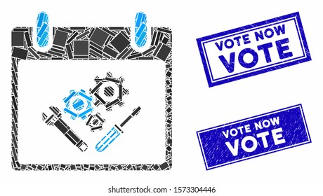 Mosaic instrument tools calendar day pictogram and rectangular Vote Now seal stamps. Flat vector instrument tools calendar day mosaic pictogram of randomized rotated rectangular elements.