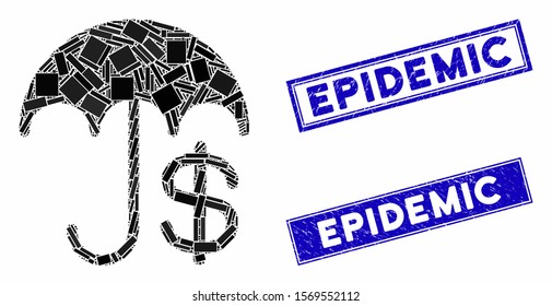 Mosaic insurance icon and rectangular seal stamps. Flat vector insurance mosaic icon of scattered rotated rectangular elements. Blue caption seal stamps with grunge texture.