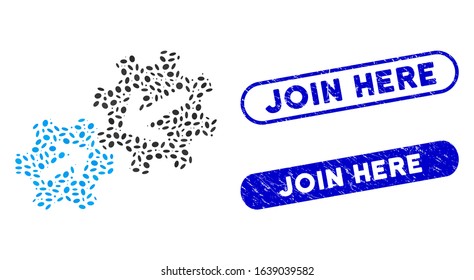 Mosaic integration and distressed stamp seals with Join Here phrase. Mosaic vector integration is created with random elliptic dots. Join Here stamp seals use blue color,