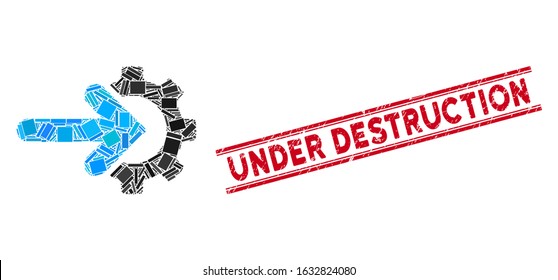 Mosaic integration gear icon and red Under Destruction seal stamp between double parallel lines. Flat vector integration gear mosaic icon of random rotated rectangular elements.