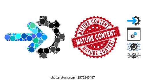 Mosaic integration gear icon and rubber stamp seal with Mature Content phrase. Mosaic vector is formed with integration gear pictogram and with scattered circle items.