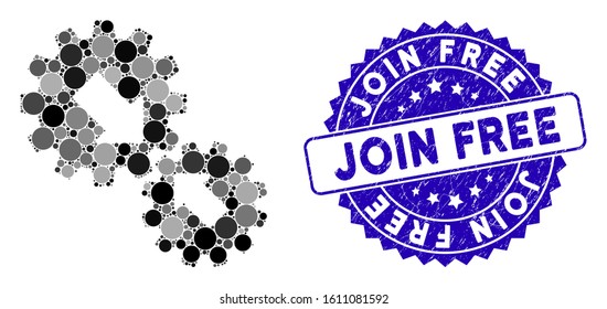 Mosaic integration gears icon and distressed stamp seal with Join Free caption. Mosaic vector is composed with integration gears icon and with random circle items.