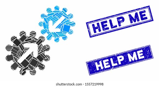 Mosaic integration gears pictogram and rectangle watermarks. Flat vector integration gears mosaic icon of random rotated rectangle items. Blue caption watermarks with scratched surface.
